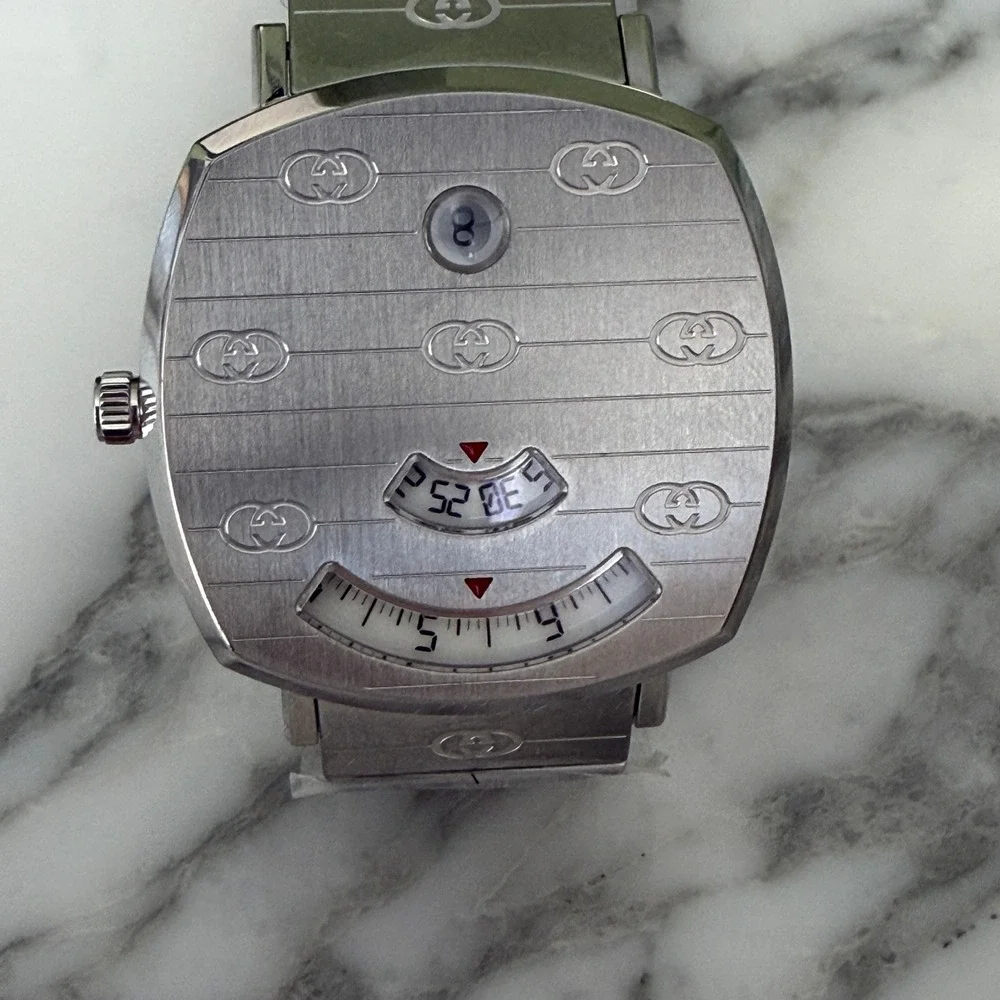 Gucci Grip Watch YA157401 Stainless Steel Silver Logo Engraved Swiss Made 38mm